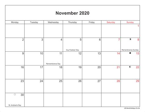 November 2020 Calendar Printable With Bank Holidays Uk