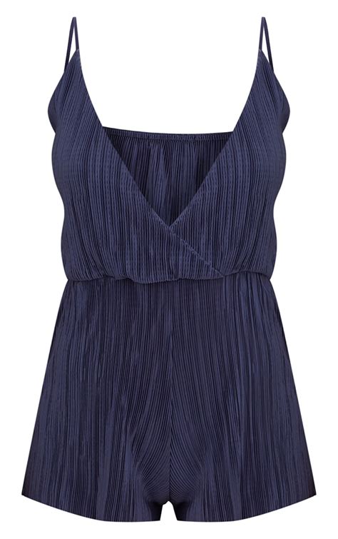 Navy Pleated Wrap Playsuit Prettylittlething