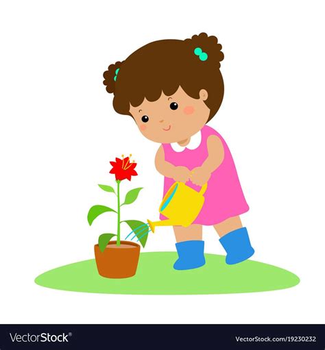 Cute Cartoon Girl Watering Plant Vector Illustration Download A Free