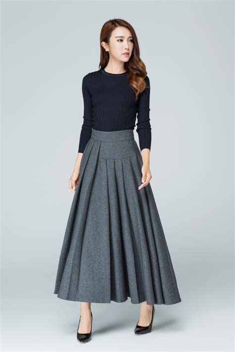 maxi wool skirt maxi skirt gray skirt wool skirt pleated skirt winter skirt warm skirt