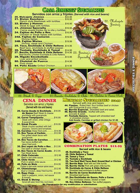 Casa Jimenez Mexican Restaurant Menu Murrieta Ca 92562