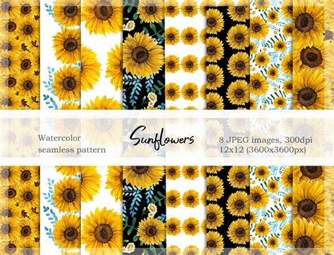 Sunflower Digital Scrapbooking Paper Pack Watercolor Seamless Etsy