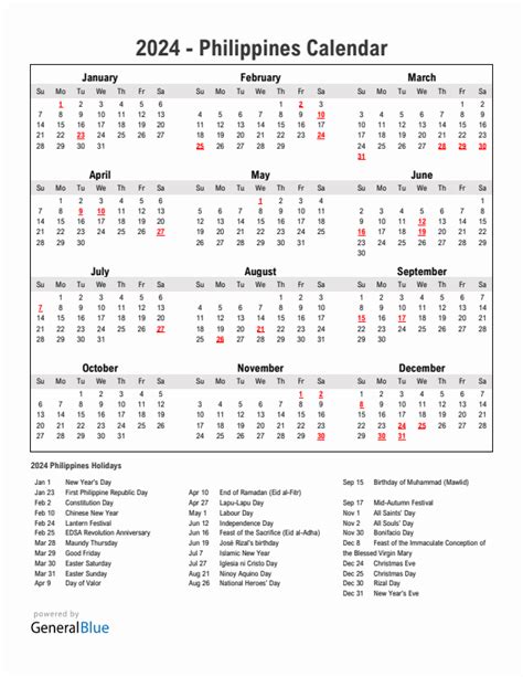 2024 Philippines Calendar With Holidays