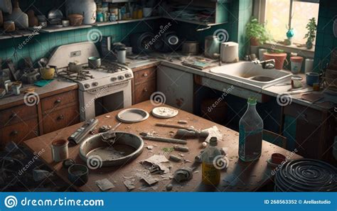 Disorganized Kitchen Depicts A Chaotic And Messy Room Table With Messy