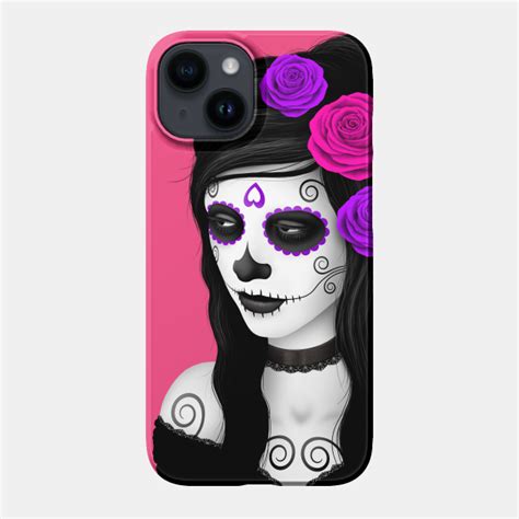 Day Of The Dead Girl With Pink And Purple Roses Day Of The Dead