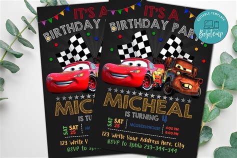 Editable Mcqueen Car Disney Car Birthday Invitations Diy