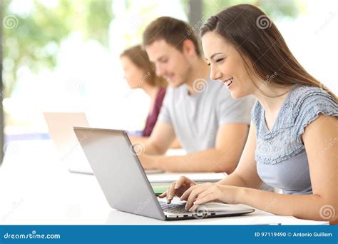 Happy Student Searching On Line At Classroom Stock Photo Image Of