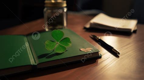 シャムロックの葉の横にある緑の開いたノートブックイラスト おしゃれなテーブルの上に置かれた四つ葉のクローバーとノート Hd写真撮影写真