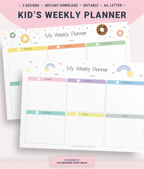 Editable Kids Weekly Calendar Template Printable Kids Weekly Etsy