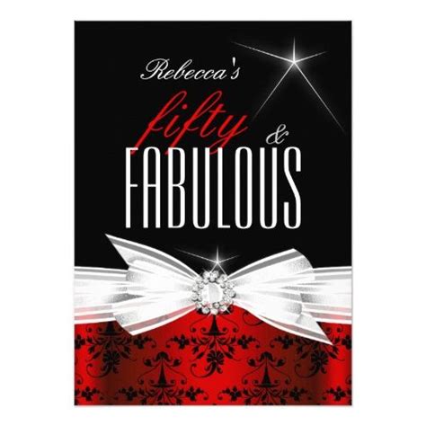 Fabulous Red Black Damask 50th Birthday Party Card
