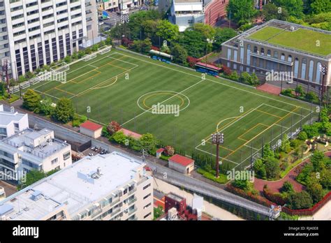 High School Soccer Training Field Aerial View In Tokyo Japan Stock