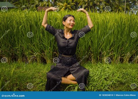 Outdoors Yoga And Meditation At Rice Field Attractive And Happy Middle Aged Asian Japanese