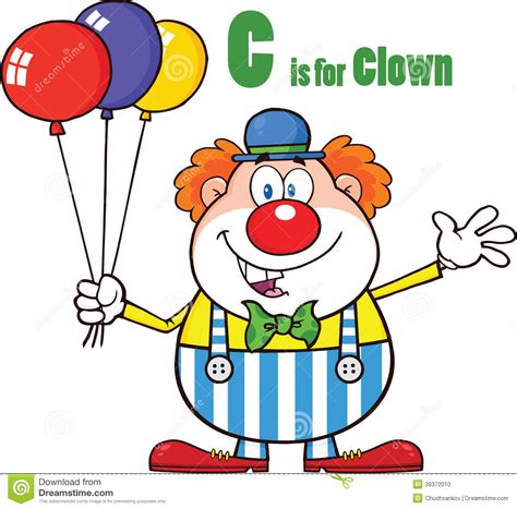 Funny Clown Cartoon Character With Balloons And Letter C Stock
