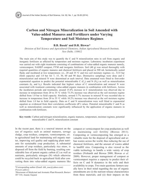 Pdf Carbon And Nitrogen Mineralization In Soil Amended With Value