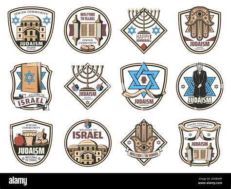 Israel Traditional Jewish Symbols Judaism Religion Icons Vector