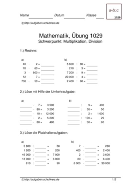 Kostenlose mathe arbeitsblätter / matheaufgaben. Matheaufgaben 5 Klasse Zum Ausdrucken Division ...