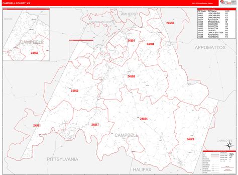 Campbell County, VA Zip Code Wall Map Red Line Style by MarketMAPS