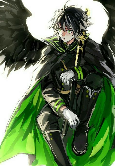 Anime Boy Black Hair Green Cape Angel Wings Sword Green Eyes