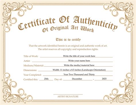 Printable Blank Pdf Certificate Of Authenticity For Artwork Etsy Canada