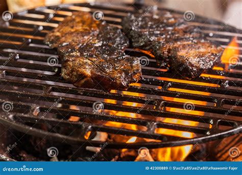 Grilling Marinated Pork Meat On A Charcoal Grill Stock Image Image Of