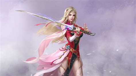 Wallpaper Latar Belakang Yang Sederhana Pedang Berambut Pirang Senjata Gadis Fantasi Seni