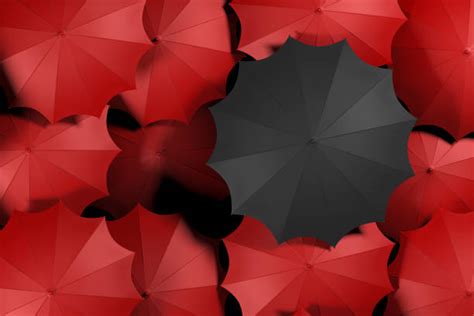 Red Umbrella In A Sea Of Black Umbrellas Stock Photos Pictures