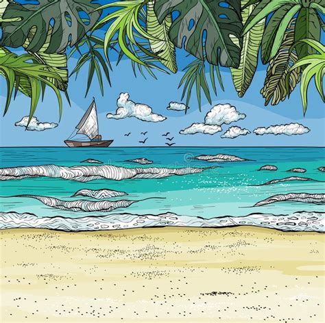 overzees tropisch landschap met zeilboot op horizont palmen en zandstrand vector illustratie