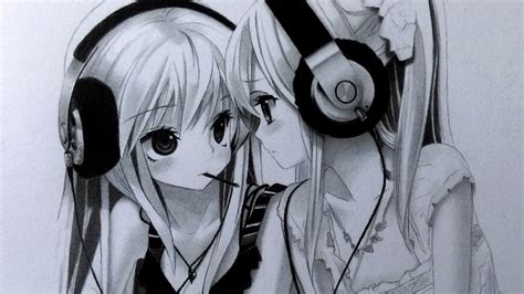 Drawing Two Anime Girls With Headphones Graphite Pencil