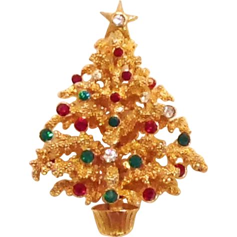 Lisner Signed Christmas Tree Pin Brooch In Red Green