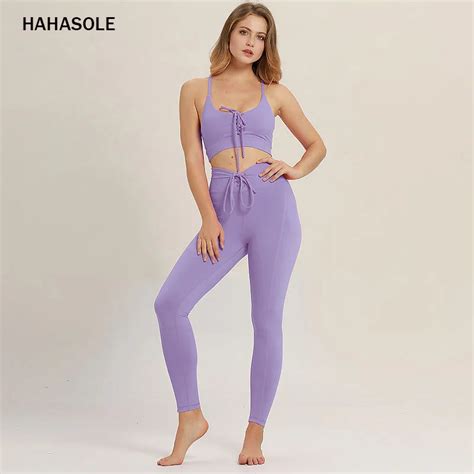 Hahasole Sexy Cross Bandage Gym Yoga Sets Females Backless High Waist Sportwear Suit Girls