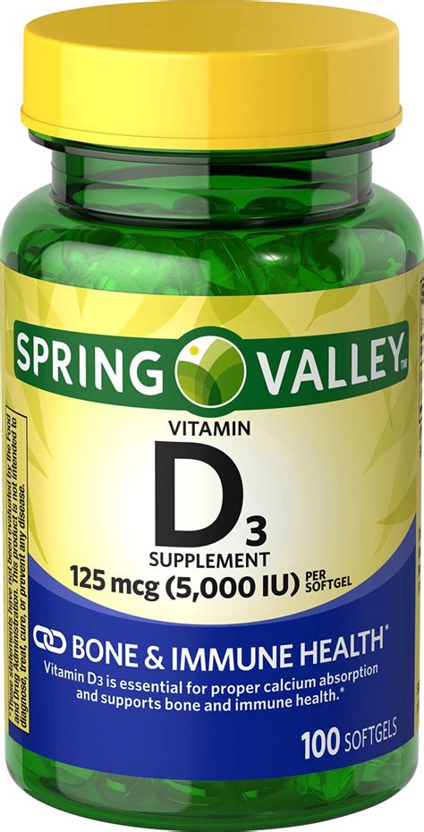 Vitamin d is required to promote calcium absorption, which helps to maintain healthy bones and teeth.* vitamin d also supports a healthy immune system.* amount per serving. Spring Valley Vitamin D3 Softgels, 5000 IU, 100 Count ...