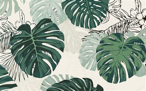 Pastel Color Green Palm Leaves Tropical Wallpaper Floral Wall Etsy