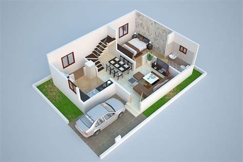3d Ground Floor Plan Design Of Duplex 1280 Sq Ft Ground Floor Plan