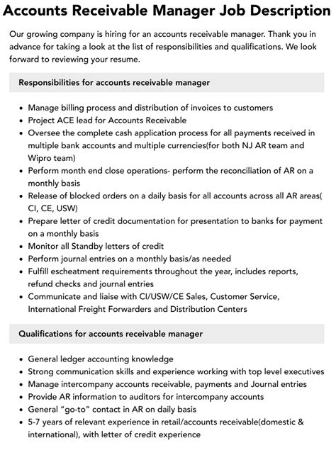 Accounts Receivable Manager Job Description Velvet Jobs