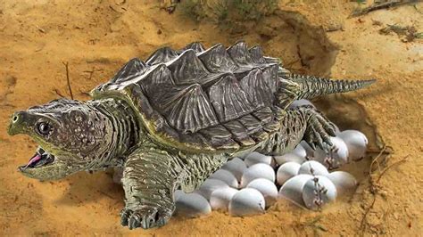 Mother Alligator Snapping Turtle Laying Many Eggs In A Nest Cute Baby