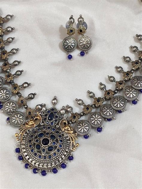 Oxidized Indian Necklace Jewelry Set Oxidise Necklace Silver Etsy