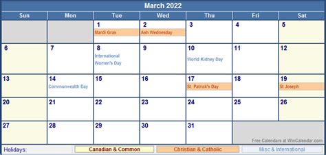 March 2022 Canada Calendar With Holidays For Printing Image Format