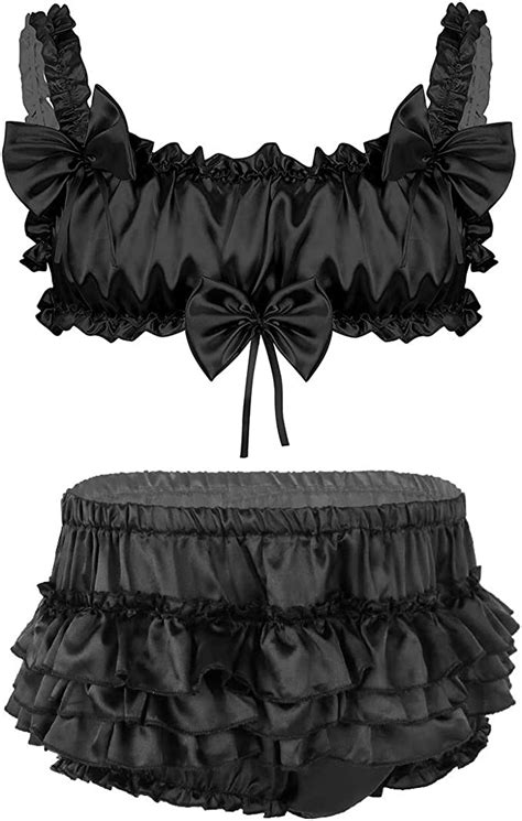 Lejafay Mens Sissy Lingerie Set Silky Satin Frilly Crop Top And