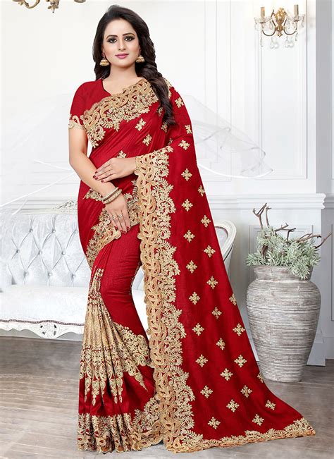 Buy Red Embroidered Art Silk Saree Embroidered Sari Online Shopping Sasnf1903