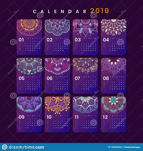Mandala Calendar 2019 Vector Posters Set 134564139