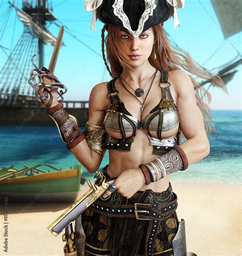 Alluring Sexy Pirate Female Posing With A Cutlass Sword And Pistols On