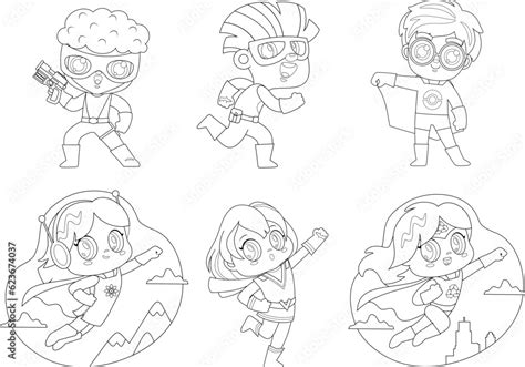 Vetor De Outlined Cute Super Hero Kids Cartoon Characters Vector Hand