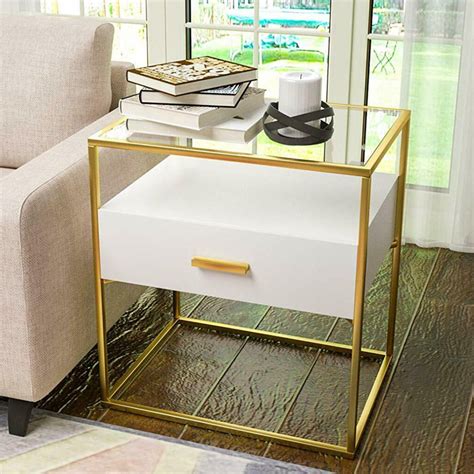 Mecor Gold Accent Table End Table With Drawer Storage Metal Square Side Table W Tempered Glass