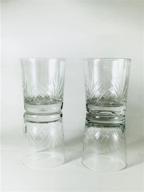 Set Of 2 Vintage Rocks Glass Crystal Lowball Glasses Retro Barware Tumblers Heavy Cut Glass