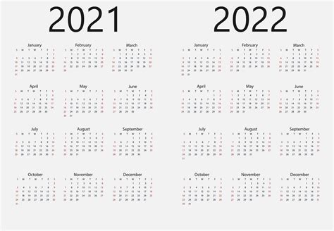 2021 2022 Calendar Week Starts Sunday Vector Illustration Flat