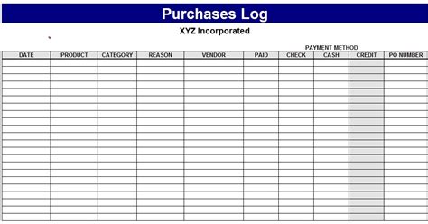 Business Purchases Log Template Sample