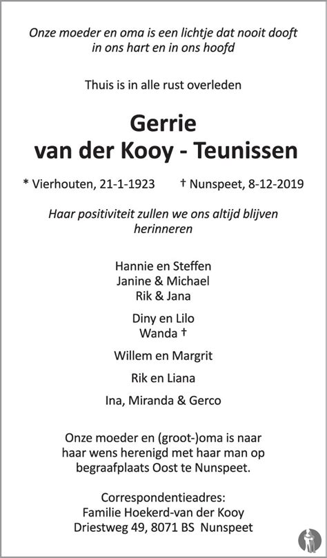 Gerrie Van Der Kooy Teunissen 08 12 2019 Overlijdensbericht En