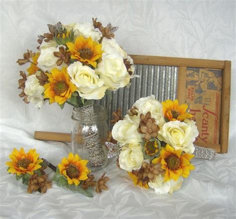 Sunflower Bridal Bouquet Sunflower Roses Wedding Bouquet Silk