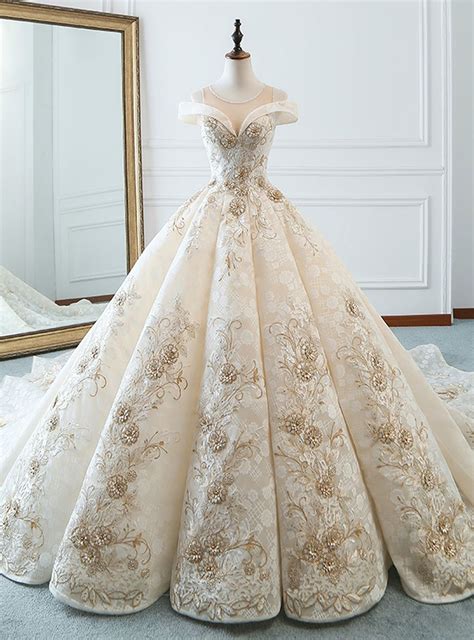 Luxury Champagne Ball Gown Appliques Long Train Wedding Dress In 2020