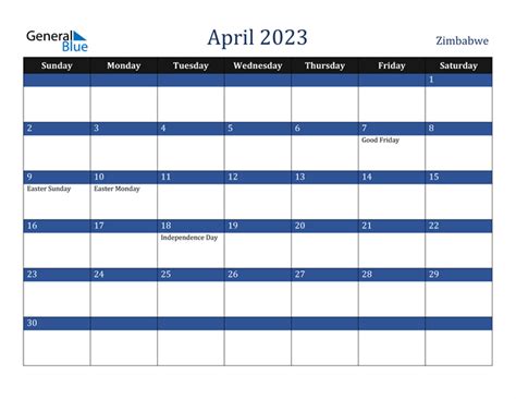 April 2023 Calendar With Zimbabwe Holidays